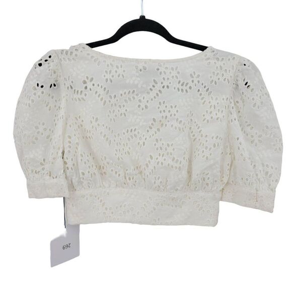 Majorelle Eyelet Krina Crop Top XS White Button Up Puff Sleeve Rockabilly Boho - Picture 4 of 15